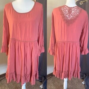 Indigo Soul Terracotta Lace Back Ruffle Hem Babydoll Dress Medium Rust Boho